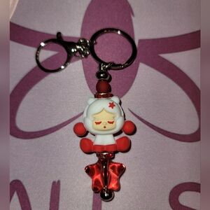 Cute Red and White Beaded Skull Panda Keychain with charm